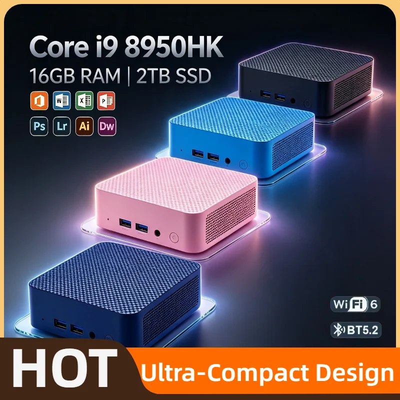 Intel i9 8950HK High Performance Mini PC 16GB RAM 2TB NVMe SSD Triple 4K Screen WiFi6 Silent Cooling Office Computer Pro