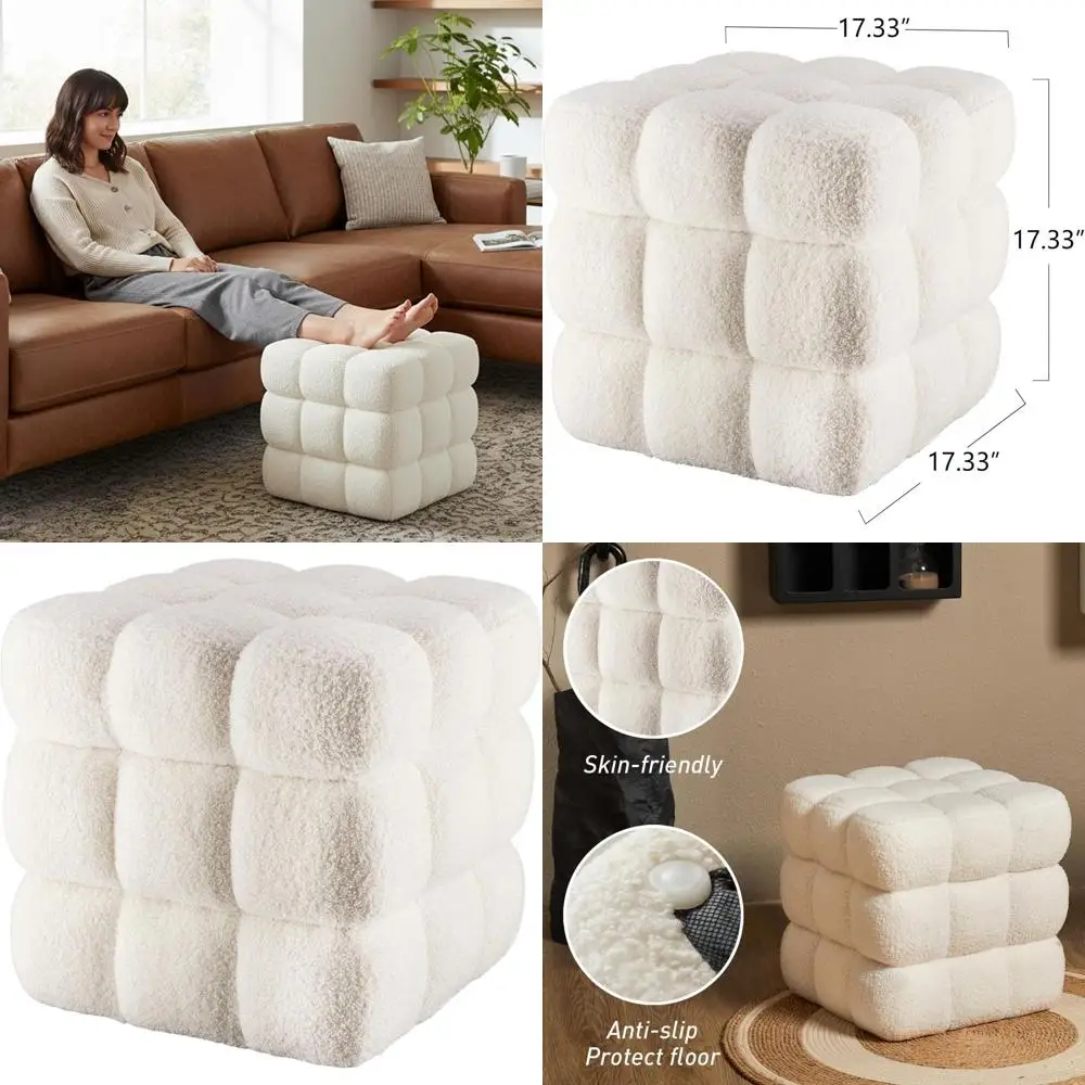 

17.3 Cube Ottoman with Sturdy Frame, Holds 330 lbs, Modern Fuzzy Sherpa Footrest, Living Room Accent Stool