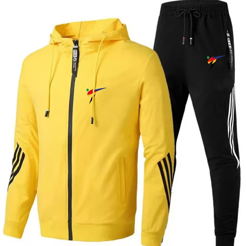 

WTF World Taekwondo Federation 2024 New Men Spring Autumn Zipper Fashion Cardigan Jacket+Sweatpants Stripe Running 2 Piece Set