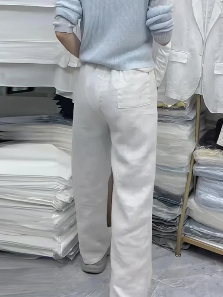 Branco perna larga algodão linho calças casuais das mulheres verão cintura elástica tubo reto commute sle calças de cintura alta