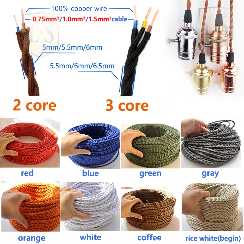 

Vintage Twisted Fabric Electrical Wire Braided Lighting Cable Lamp Cord 2 Core 3 Core Edison Bulbs Woven Flexible Wire Cord