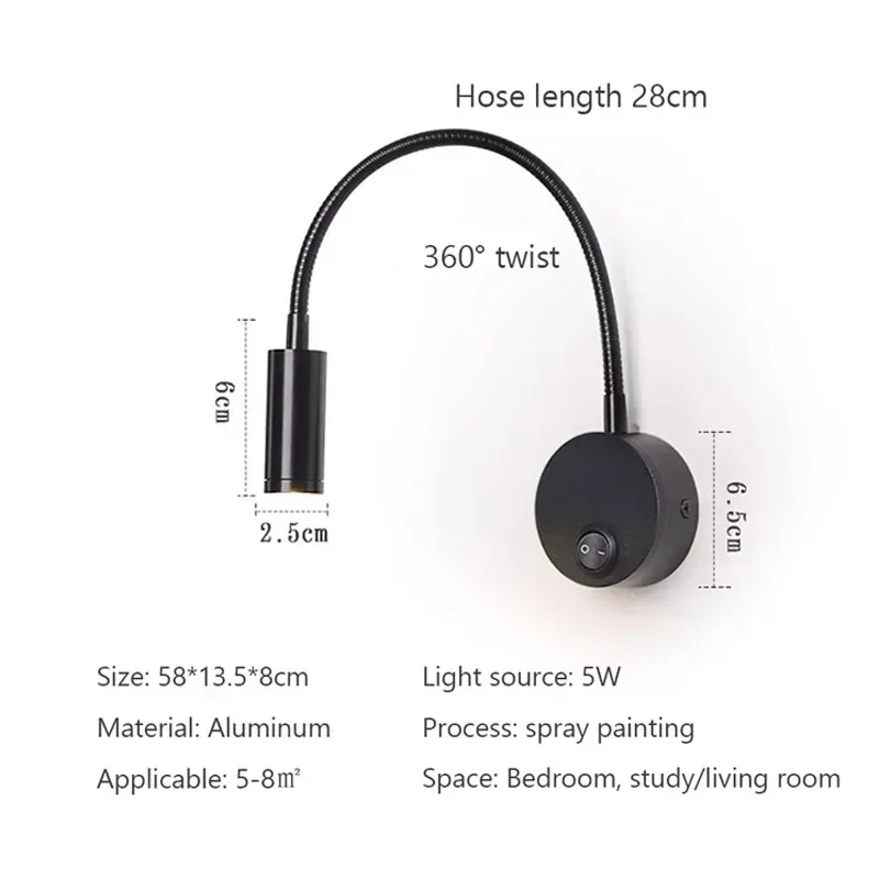 Imagem -04 - Lâmpada de Parede Led Regulável Preta com Interruptor Holofote Rotativo Iluminação Interior para Quarto e tv Luz do Corredor Holofote Preto