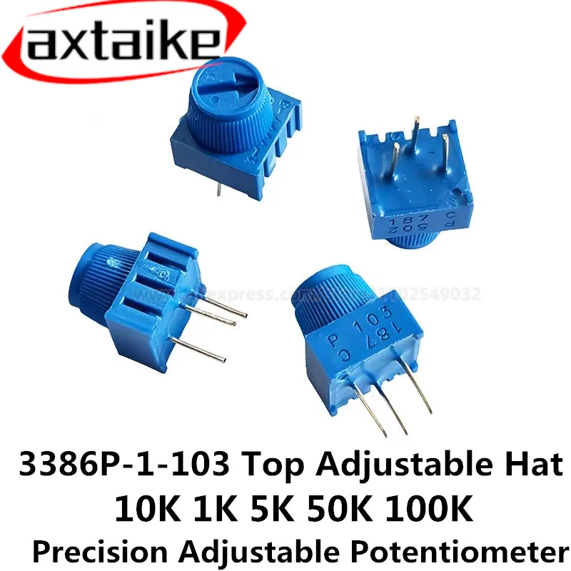 5PCS Cermet 1 Turn Top Adjustmen 3386P 3386P-1-103 10K 1k 2k 5k 10k 20k 50K 100K 200K 500K 1M hrough Hole Trimmer Potentiometer
