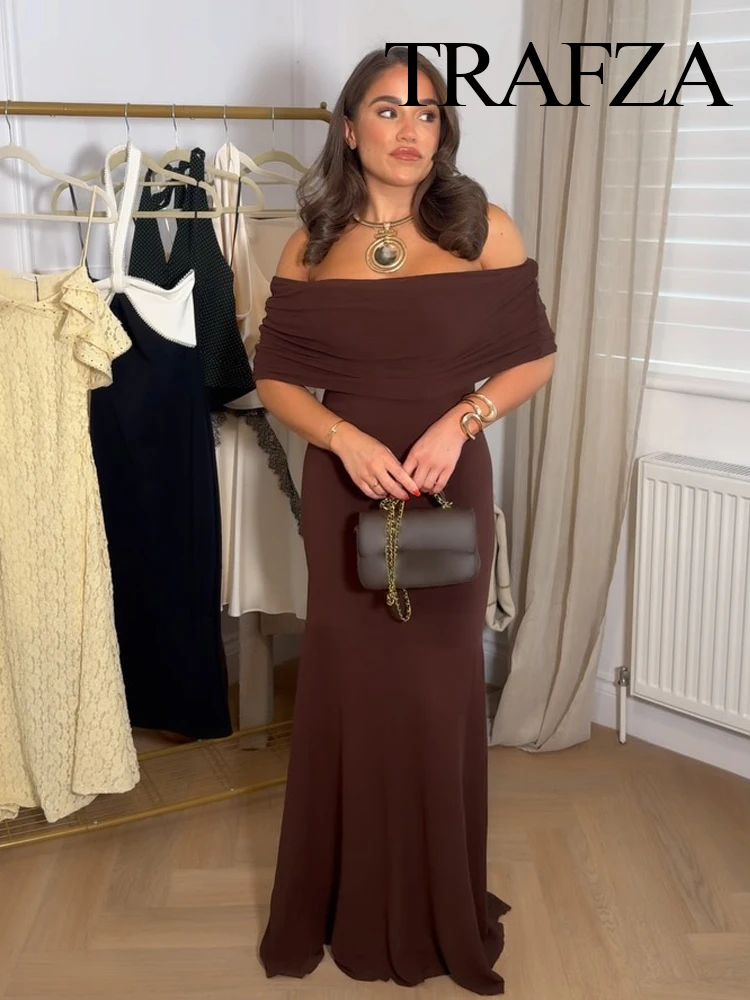 

HH New Fashion Woman Solid Sleeveless Vintage Dresses Women Summer Off-Shoulder Pleated Design Knitted Party Long Dresses