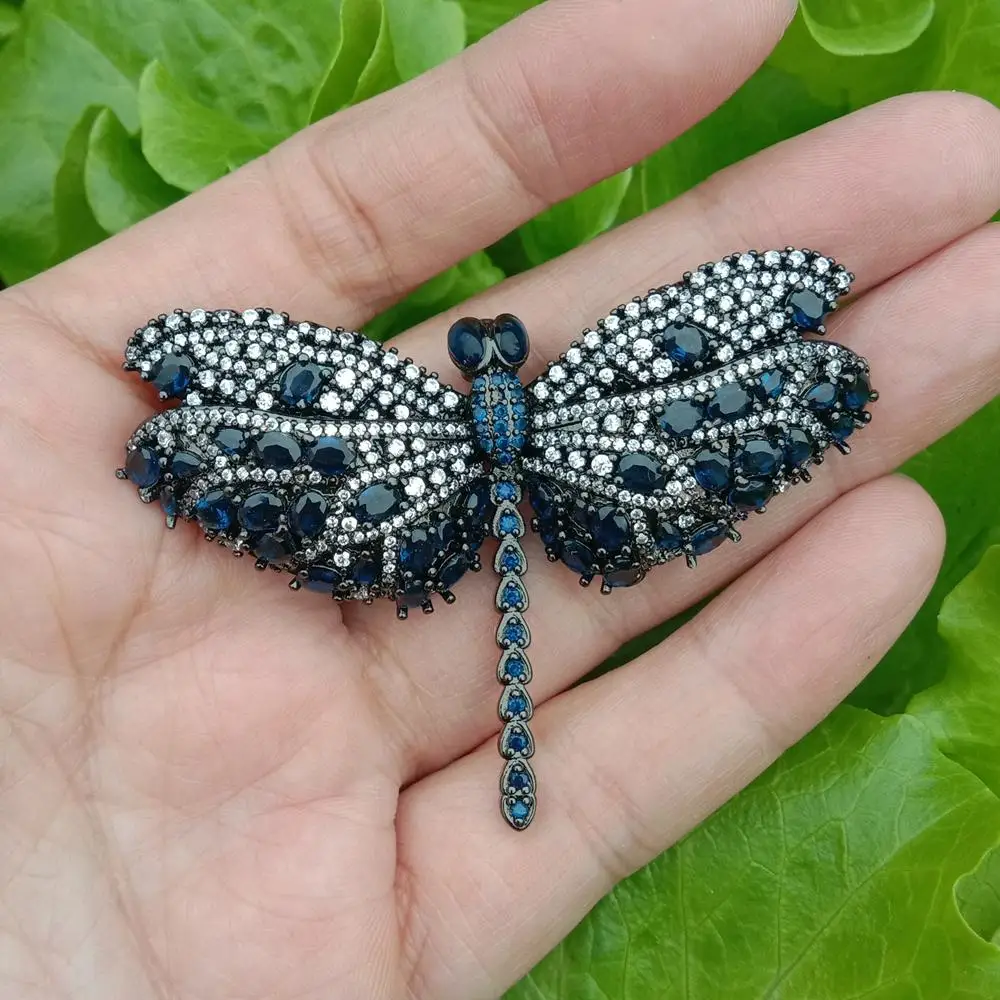 

45x65mm Blue Crystal Gunmetal Plated Dragonfly Brooches For Women Insect Pins Jewelry