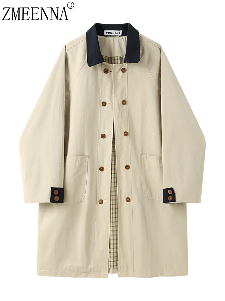 

ZMEENNA женский плащ цвета хаки с контрастным воротником, двубортная длинная повседневная верхняя одежда, весенне-осенняя куртка ZM4688