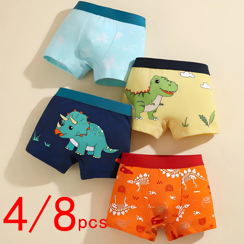 4/8 Stück Jungen-Boxershorts-Sets, Kinder-Baumwollunterwäsche, Baby-Unterhosen, Teenager-Unterwäsche mit Cartoon-Dinosaurier- und Auto-Print, weiche Kinderunterhosen