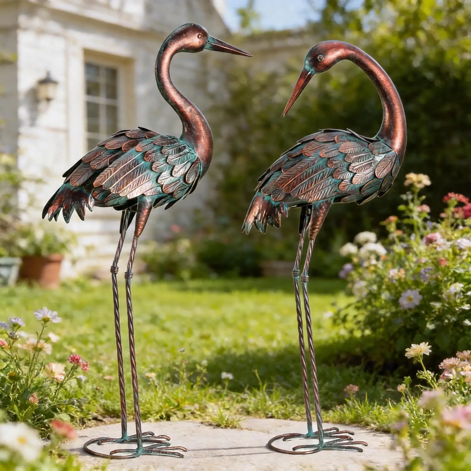 Heron Sculpture Metal Yard Art Outdoor Crane Decor Bird Set