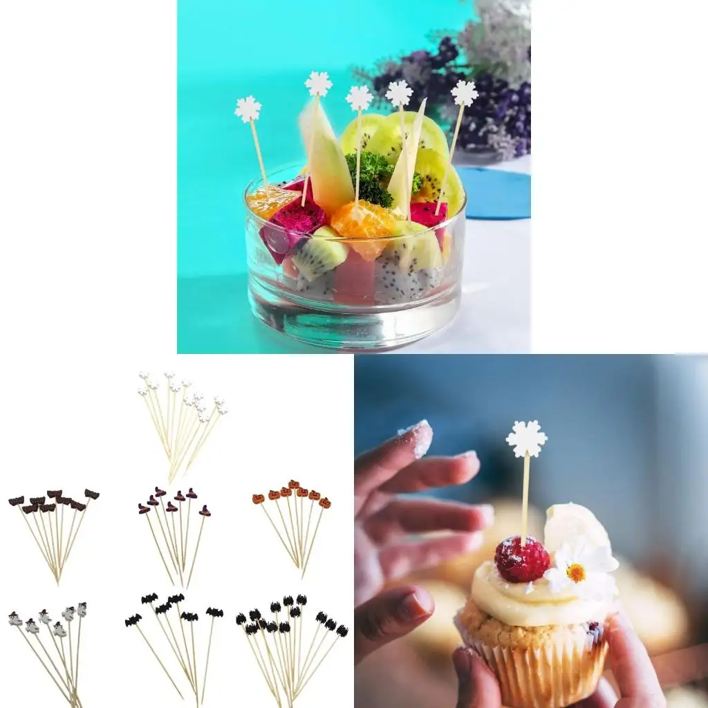 100Pcs Disposables Bamboos Skewers Pick Fruit Fork Cake Dessert Salad Sticks Toothpick Bat Spiders Pumpkin Skewer