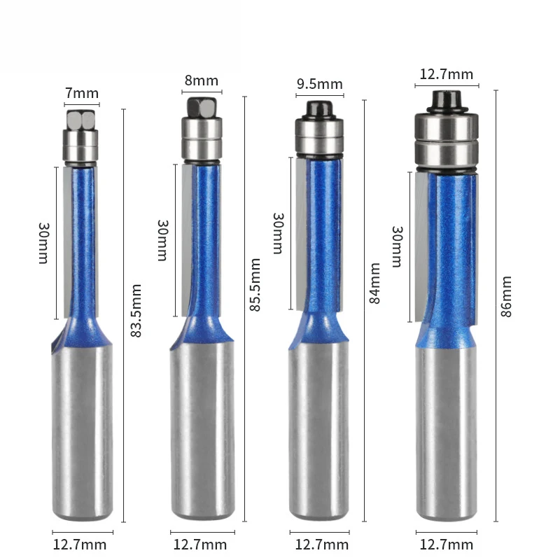 4pcs,1/2 Inch Shank Double Bearing Flush Trim Router Bit - Silver Blue Woodworking Milling Cutter, Electric Wood Milling Tools