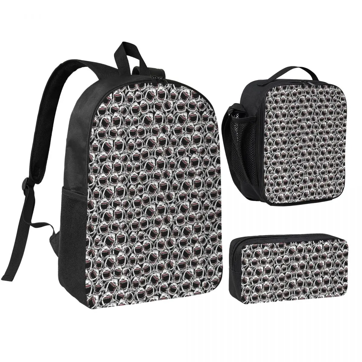 Feeding Frenzy Shark Attack Backpack Student BookBag School Bag Shoulder Bags 3ps Insulated Lunch Bag Pencil Case