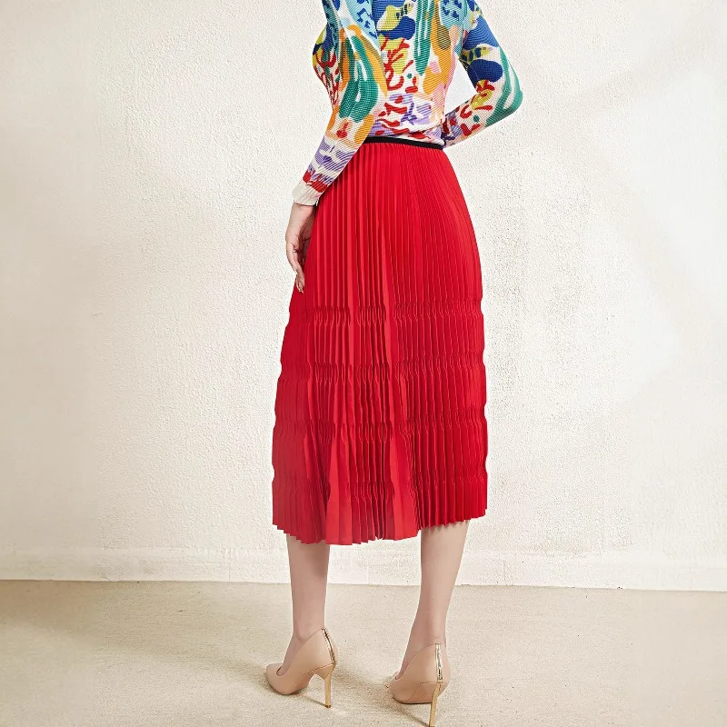 Miyake A Pieghe 2026 Primavera e L'Estate Nuovo Stampaggio Stereoscopico Retro Rosso Gonna A Pieghe Femminile di Nicchia A-line Bustier Gonna Pieghe