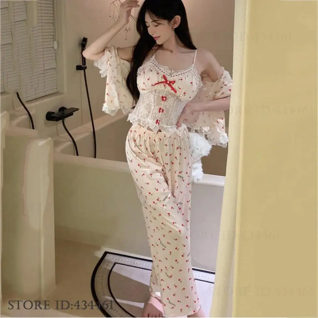 

French Court Style Princess Pajamas 4PCS Set Sexy Perspective Lace Lingerie Pijamas Suit Home Clothes Print Flower Sleepwear