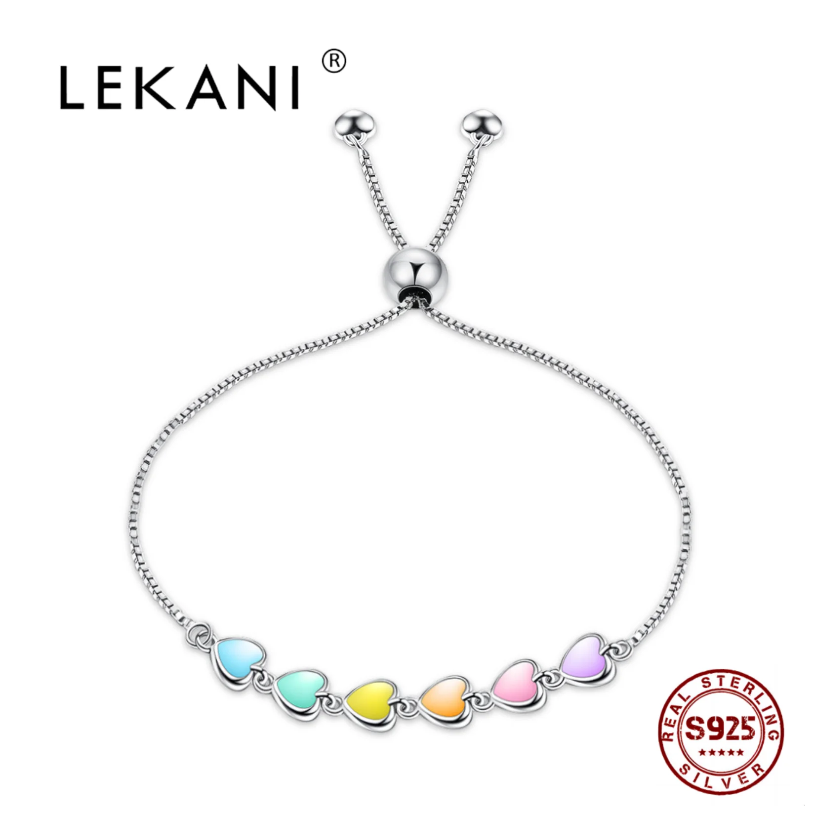 

LEKANI Real 925 Sterling Silver Colorful Heart Bracelet Gift For Female Elegant Fine Jewerely For Woman Free Shipping