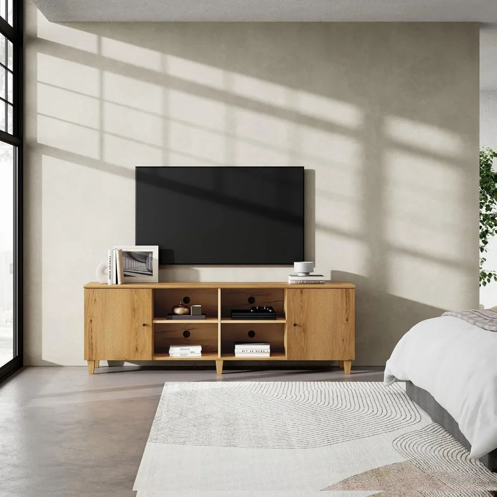 Suporte de TV para TV de mais de 75 polegadas, centro de entretenimento de madeira moderno de meados do século de 70 polegadas com porta, mesa de console de mídia ampla