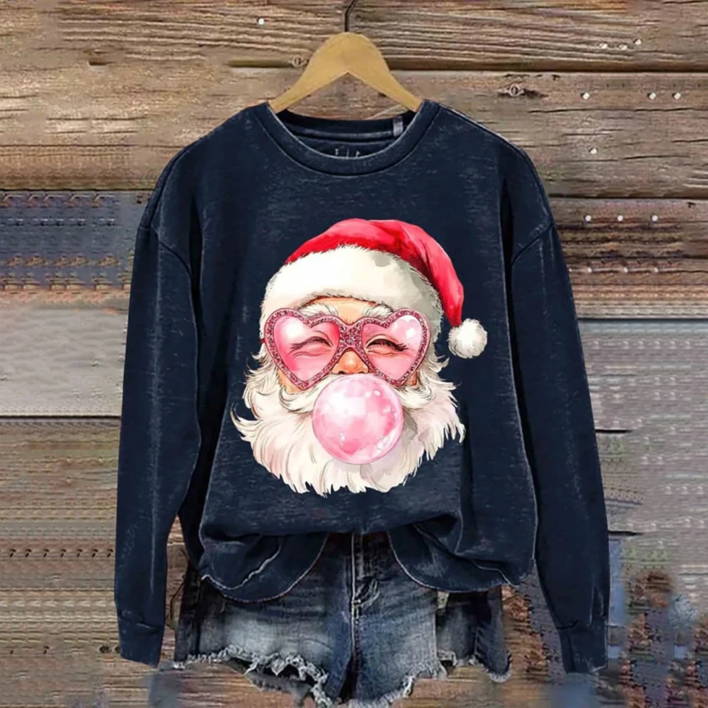 Santa Claus Print Hoodies For Women Christmas O-Neck Swearshirts Fashion Female Funny Clothing Oversized Long Sleeve Sweatshirt