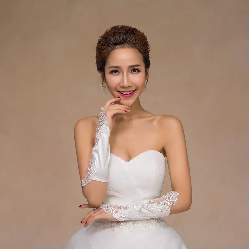 1pc Bridal Sequin Lace Gloves Accessories Embroidered Fingerless Long Multicolor Fashion Women Satin Wedding Female Party Gloves
