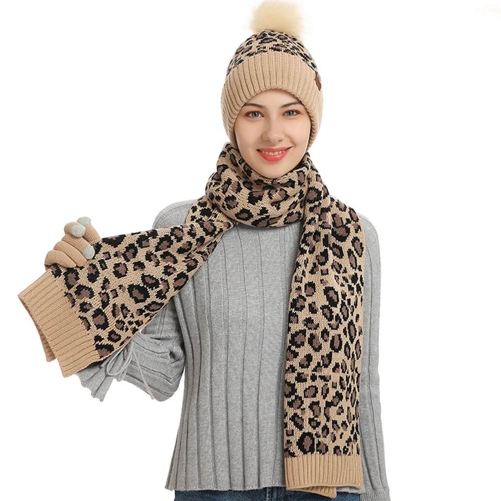 Women's Winter Keep Warm Set Fleece Lining Beanie Telefingers Gloves Thicken Scarf Knitted Muffler Hat Leopard Neckerchief