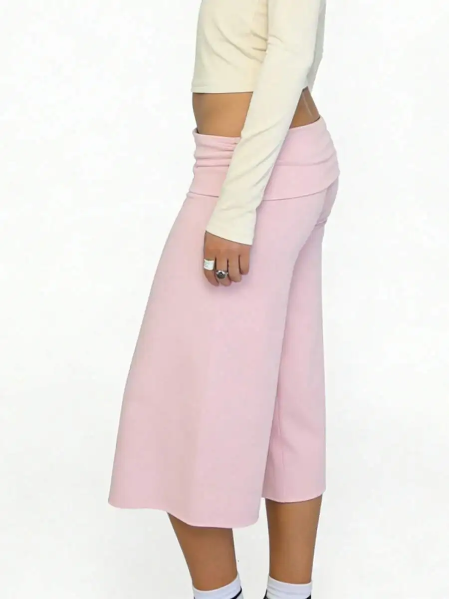 

Soft Pink Fold-Over Waist Wide-Leg Cropped Lounge Capris For Women, Comfortable Flowy Gaucho Pants, Casual Yoga Bottoms