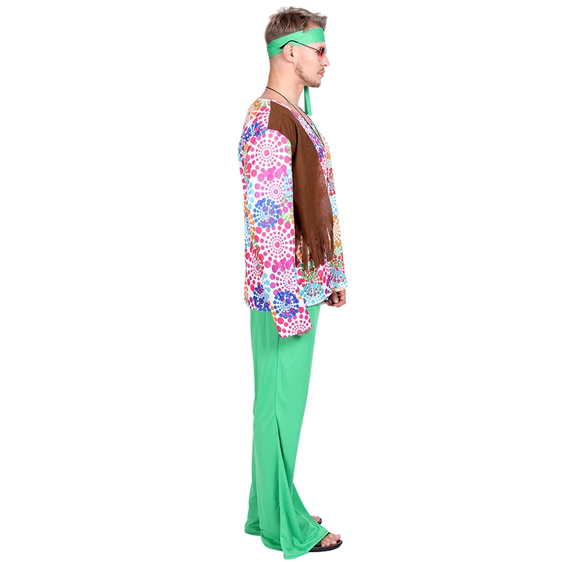 Adult Retro Green Hippie Halloween Costume Men 60s 70s Love Peace Cosplay Outfits Carnival Easter Purim Fancy Dress