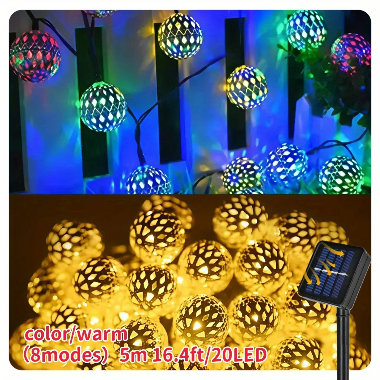 8-Mode Solar Moroccan Ball Fairy Lights – Hollow Out Iron Design,Outdoor Hanging for Camping, Wedding, Patio