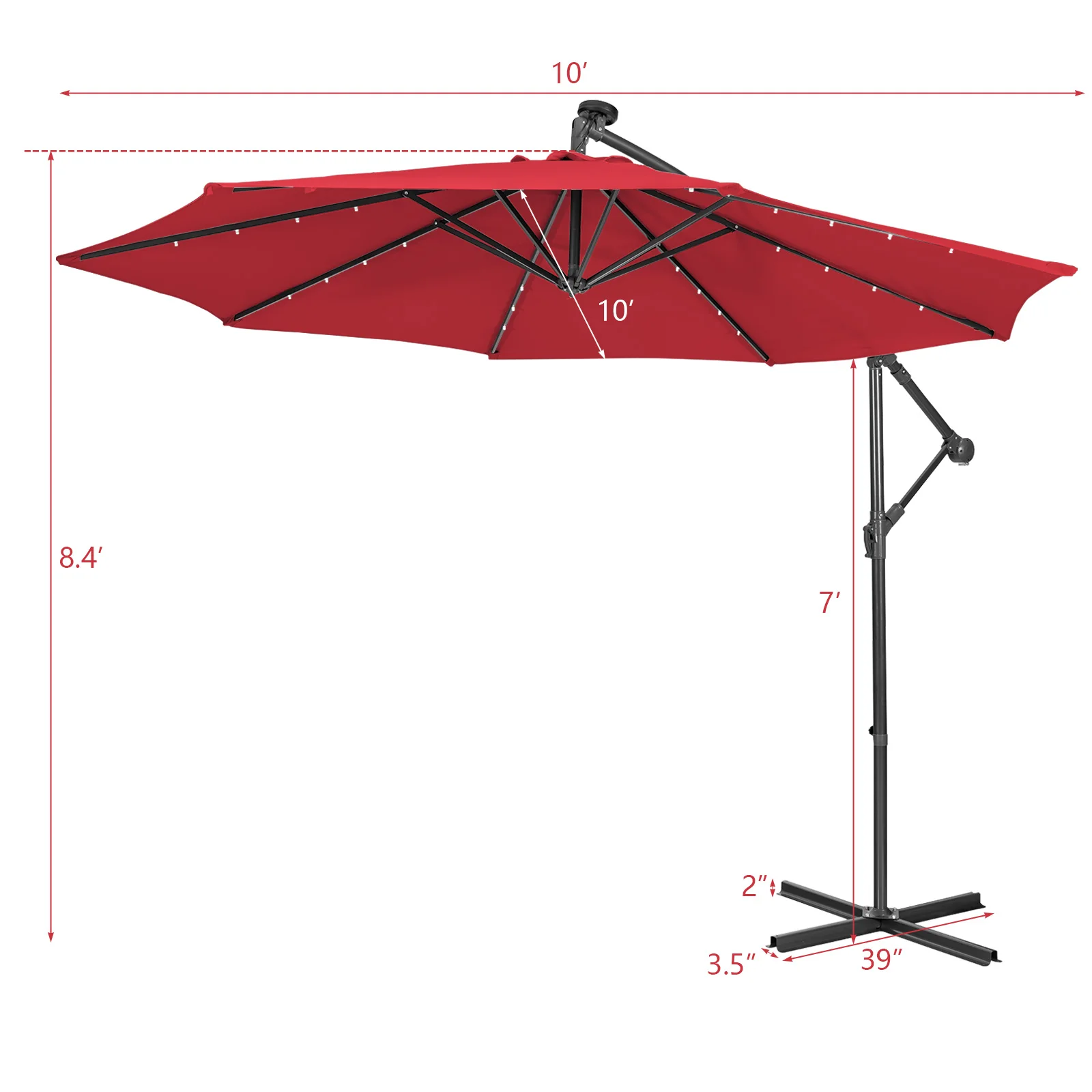 10FT Cantilever Solar Powered 32LED Lighted Patio Offset Umbrella Outdoor Wine