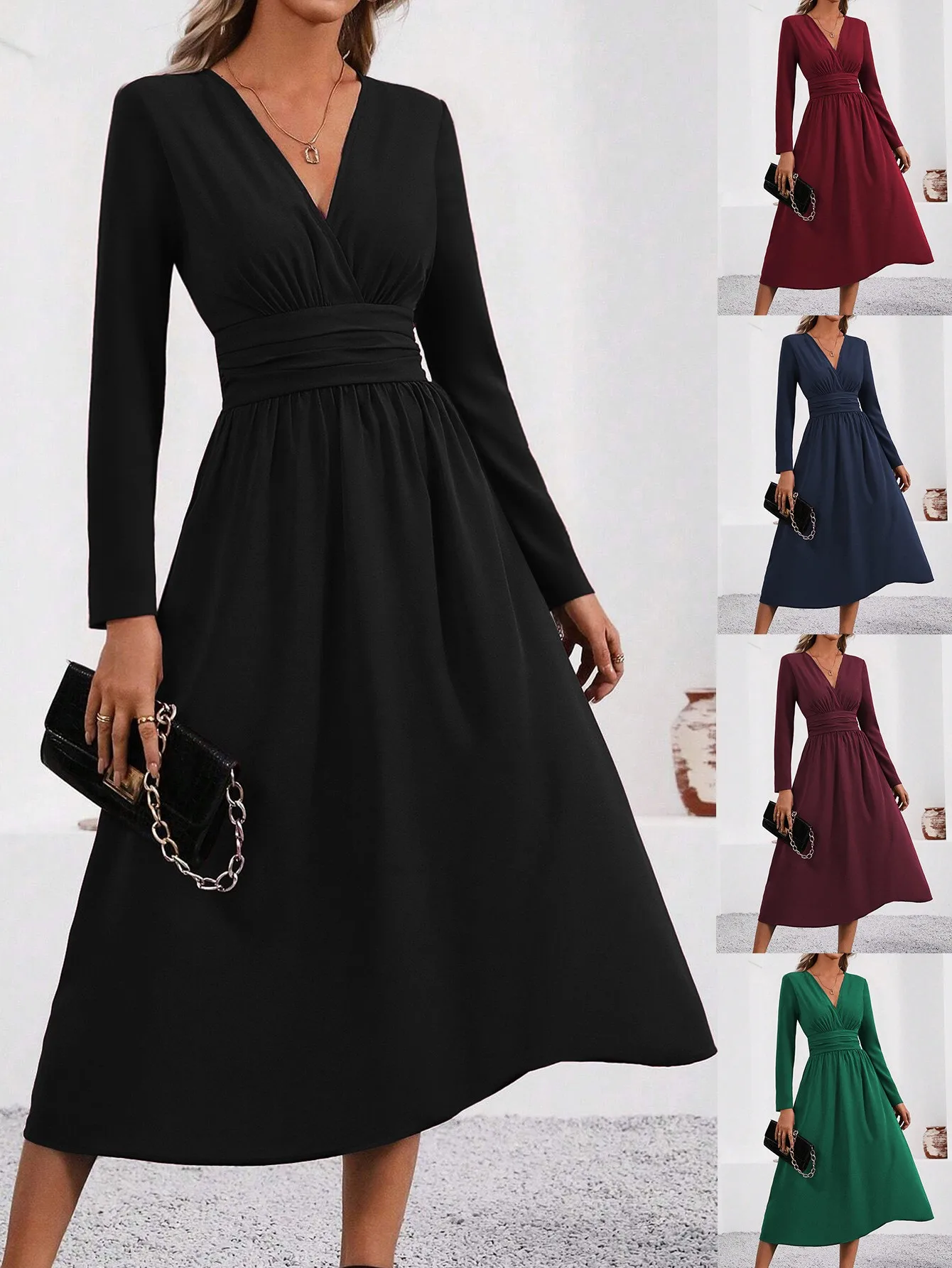 Elegantes einfarbiges Strickkleid für Damen, 2025, Herbst-Winter, Überlappung, V-Ausschnitt, lange Ärmel, mit Taille, gerafftes, figurbetontes langes Maxikleid