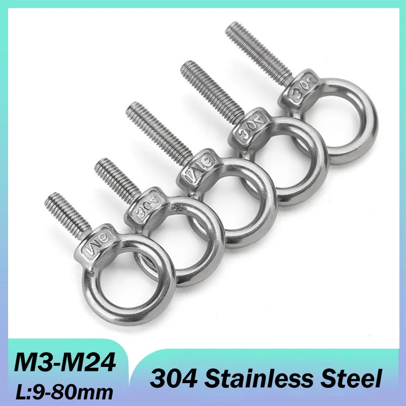 M3 M4 M5 M6 M8 M10 M12 M14 M16~M24 304 Stainless Steel Eye Bolt Marine Lifting Eye Screws Ring Loop Hole for Cable Rope Eyebolt