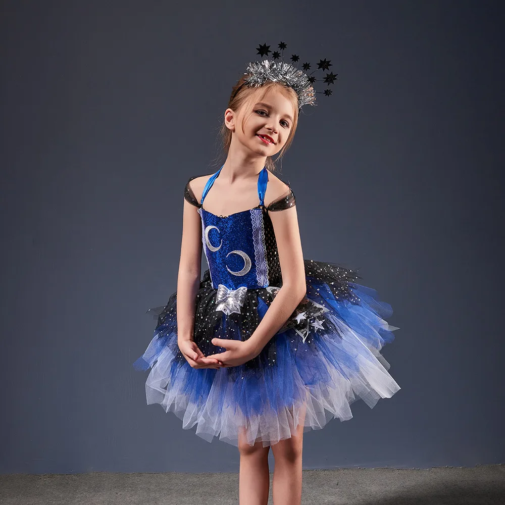 Atemberaubendes Glitzerndes Galaxy Chicas Tutu-Kleid Nachthimmel Sterne Mond Kinder Halloween-Kostüm Funkelndes Festkleid Gala-Party Ballkleid – Detail 3