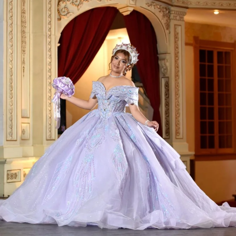 

Lavender Quinceanera Dresses Off the Shoulder Glitter Crystal Decal Long tail Bow Vestido 15 Quinceanera Customized