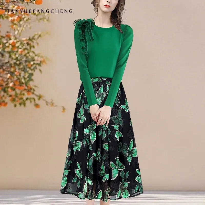 Herfst Dames Lange Mouw Ronde Hals Groen Gebreide Top Truien Met Bloemdecoratie Skinny Rekbaar Katoenen Shirt