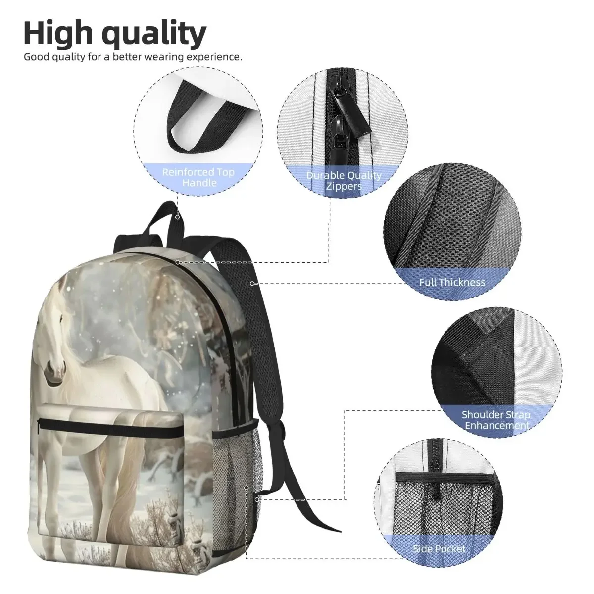 White Unicorn In The Snow Design Backpack Boys Girls BookBag Kids School Bag Laptop Shoulder Bags for Men Women