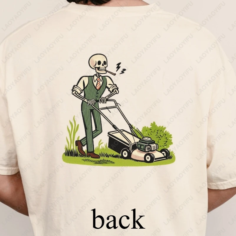 

Dad Skeleton Lawn Mowing Graphic Back Print Tees Men Women High Quality Cotton Tshirt Creative Funny Casual Summer Clothes Gifts