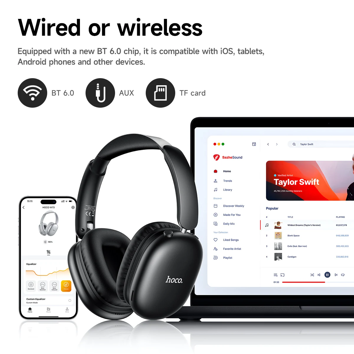 

HOCO W73 Folding Bluetooth 6.0 Headsets Portable Sports Wireless Headphones APP Function Volume Control with Microphones Earbuds