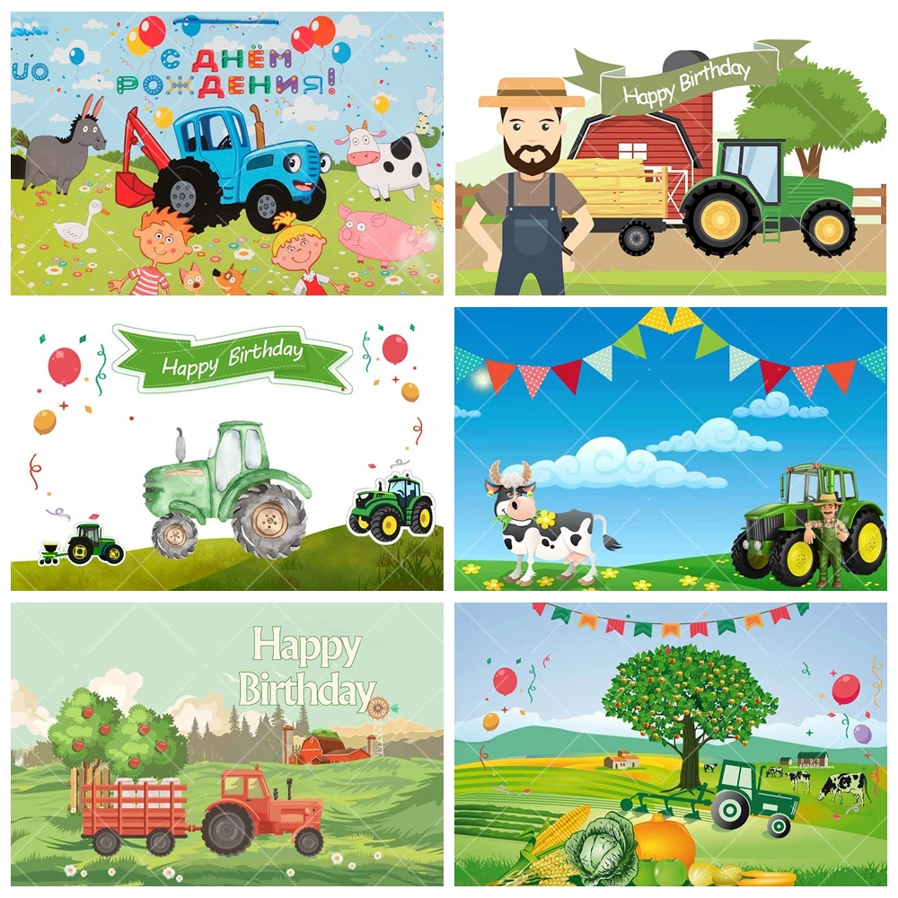 Green Farm Theme Backdrop Custom Kids Boy Birthday Party Decor Banner Balloons truck Tractor Flags Photography Background cloth