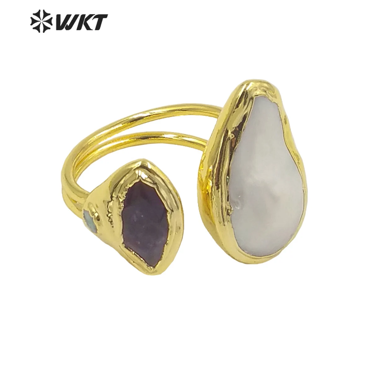 

WT-MPR036 WKT Beautiful Natural Baroque Pearl Ring with Irregular Shape Stone Gold Plated Ring Women Jewelry Gift Wholesale