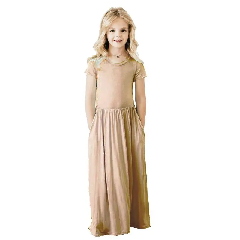 Sommer Mädchen Neue Einfarbig Kurzarm Langes Kleid Strand Party Geburtstag Casual Mode Zeigen Vielseitig A-Line Kleid – Detail 11
