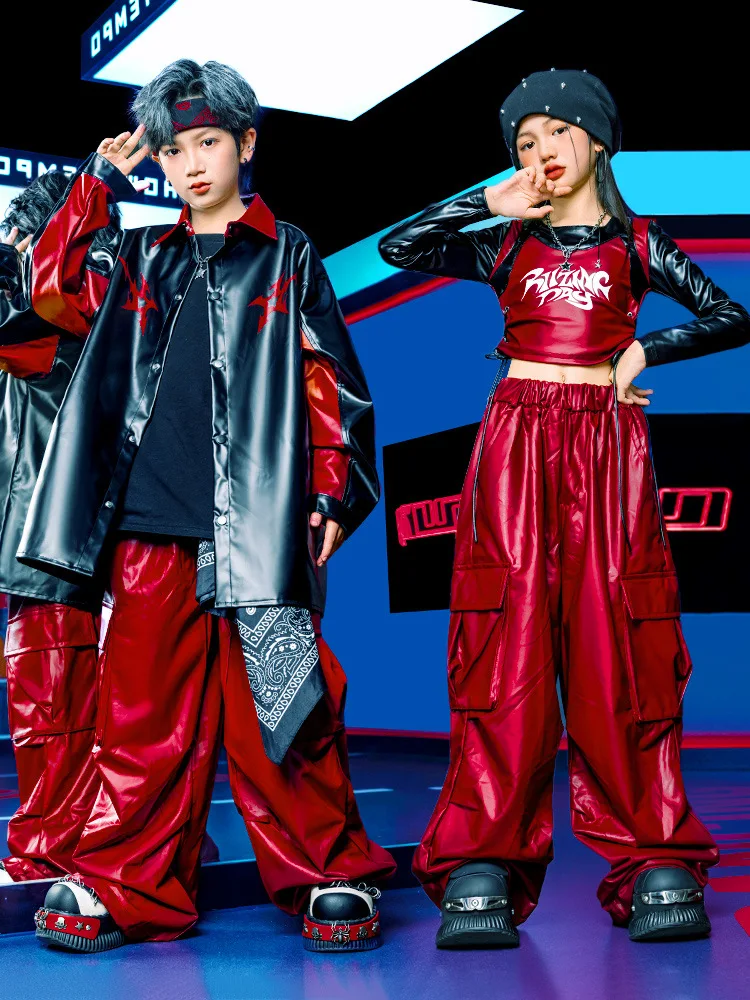 طفل Kpop الهيب هوب الملابس السوداء فو الجلود المحاصيل تي شيرت سترة النبيذ الأحمر البضائع السراويل لفتاة صبي الشارع أزياء رقص الملابس #4