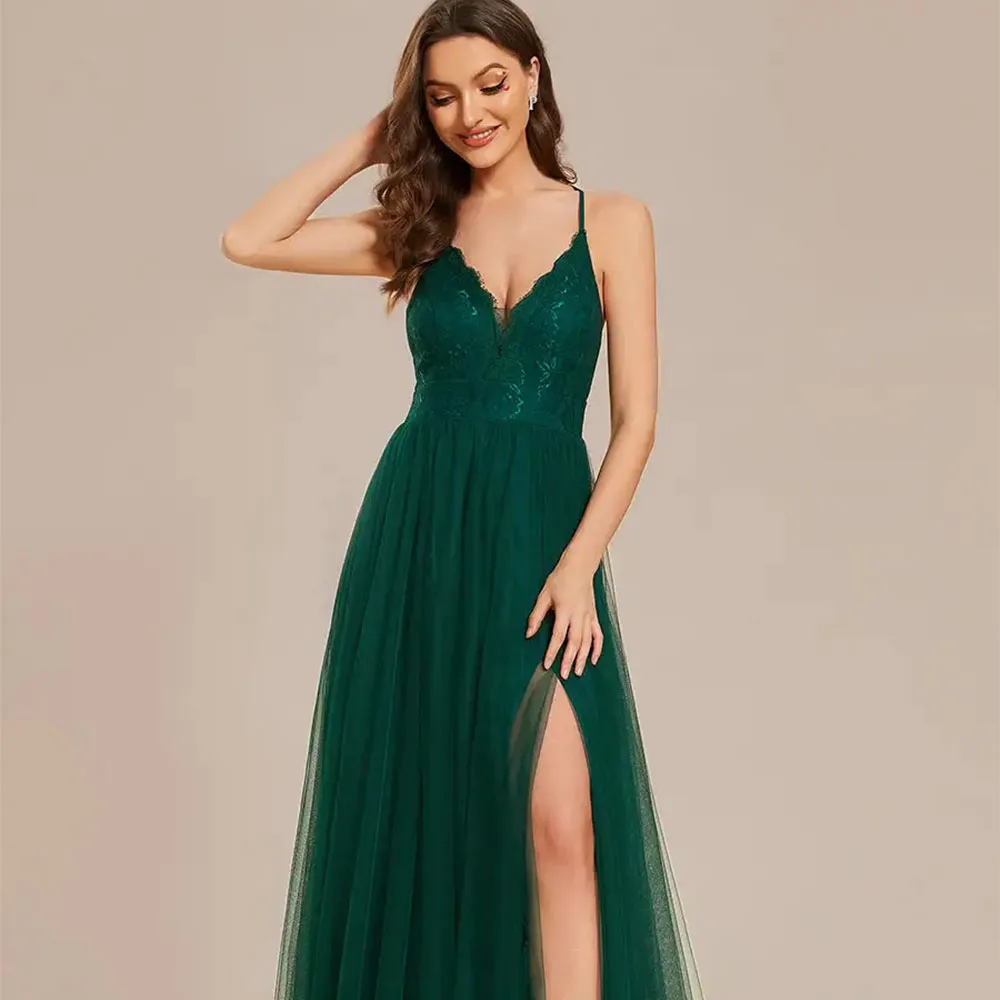 Vestidos de Noche elegantes sin mangas, bordados, cuello en V, tirantes finos, 2024 de encaje, DressCL-582 de dama de honor verde oscuro