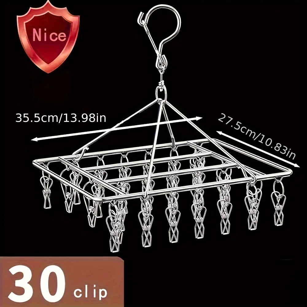 1pc Sock Drying Rack With 30 Hooks, Stainless Steel Rotatable Hanger, Windproof Drip Hanger, Foldable Sock Hanger