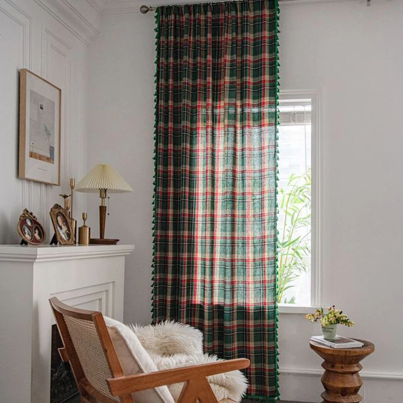 Christmas Gird Design Curtain with Green Tassel Semi Blackout Blind Bohemian Bedroom Decor Bay Window Living Room Divider TJ7028