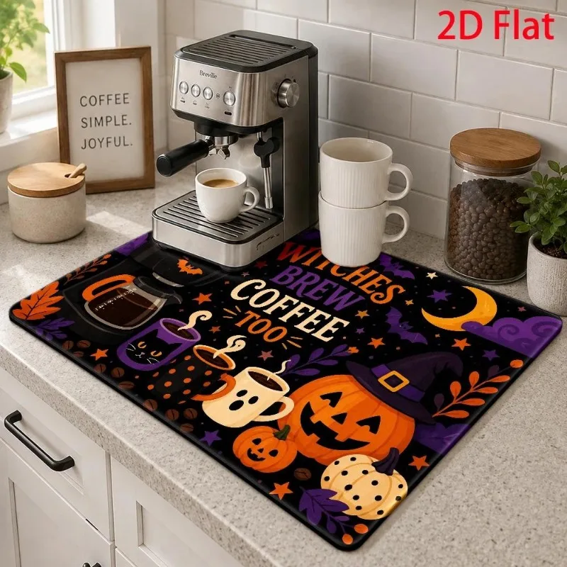 Kitchen Drainage Mat 2D Flat Witches Brew Letters Pad Super Absorbent Halloween Pumpkin Espresso Machine Counter Rug