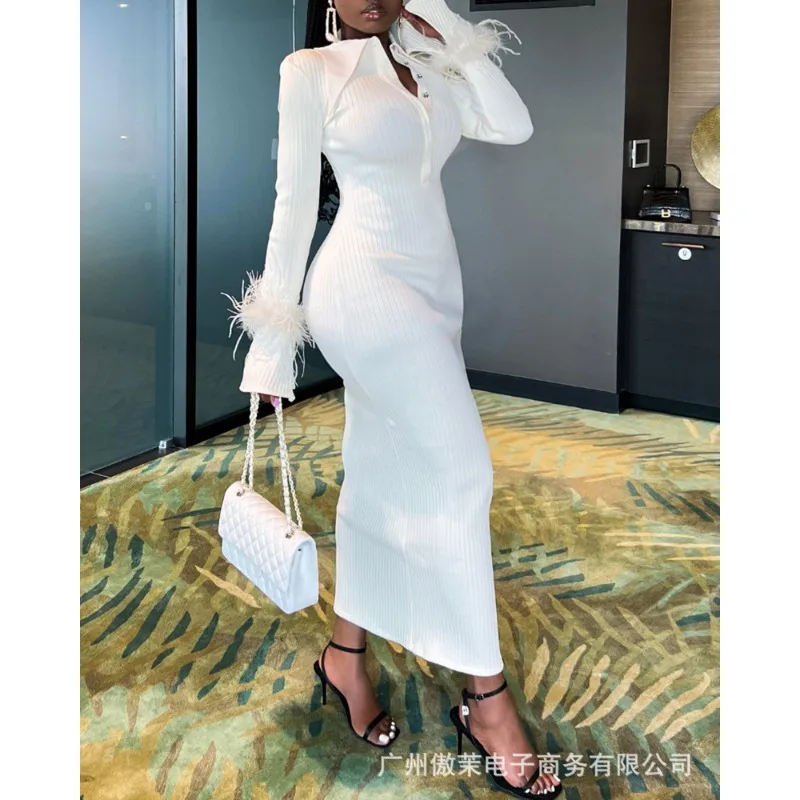 2023 Autumn New Women's White Knitted Sunken Stripe Long Sleeve Feather Lapel Mid-Length Dress