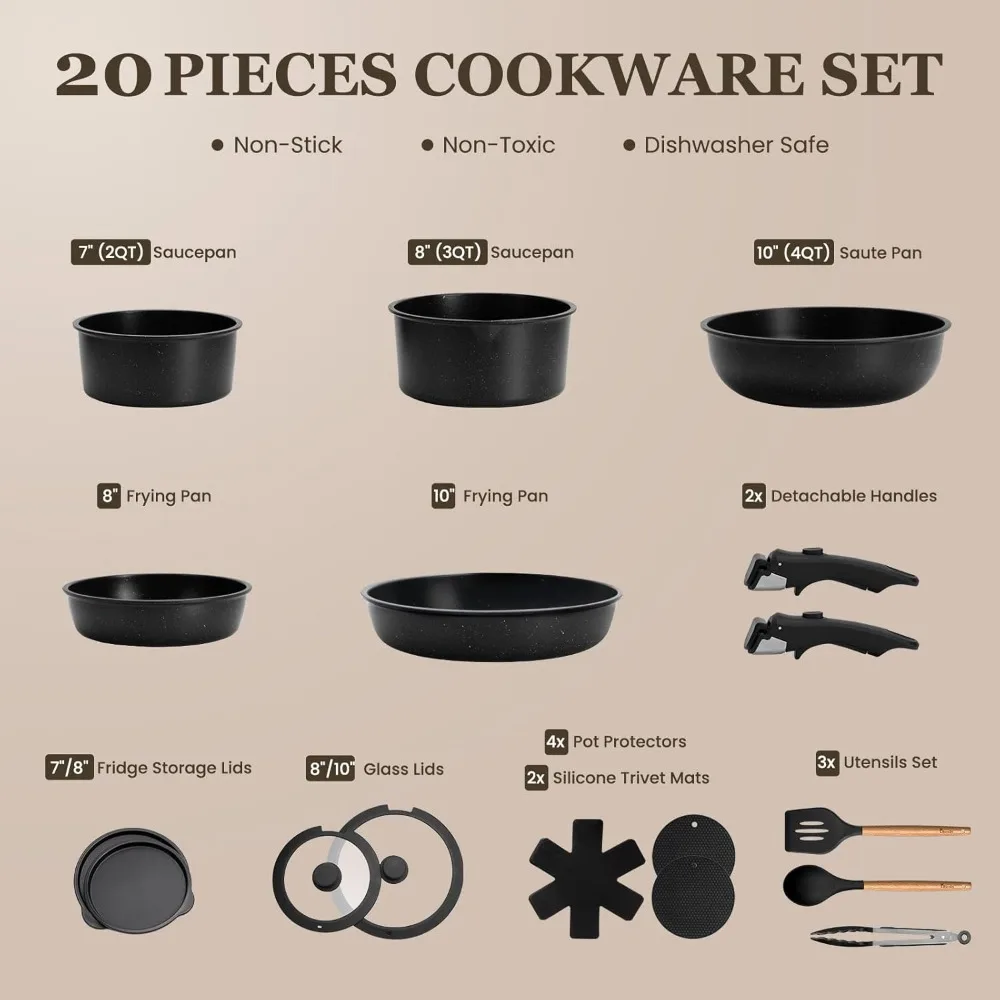 

20 Pcs Pots and Pans Set Non Stick, Detachable Handle Cookware Sets Nonstick，Dishwasher/Oven Safe, Easy Clean (Black)