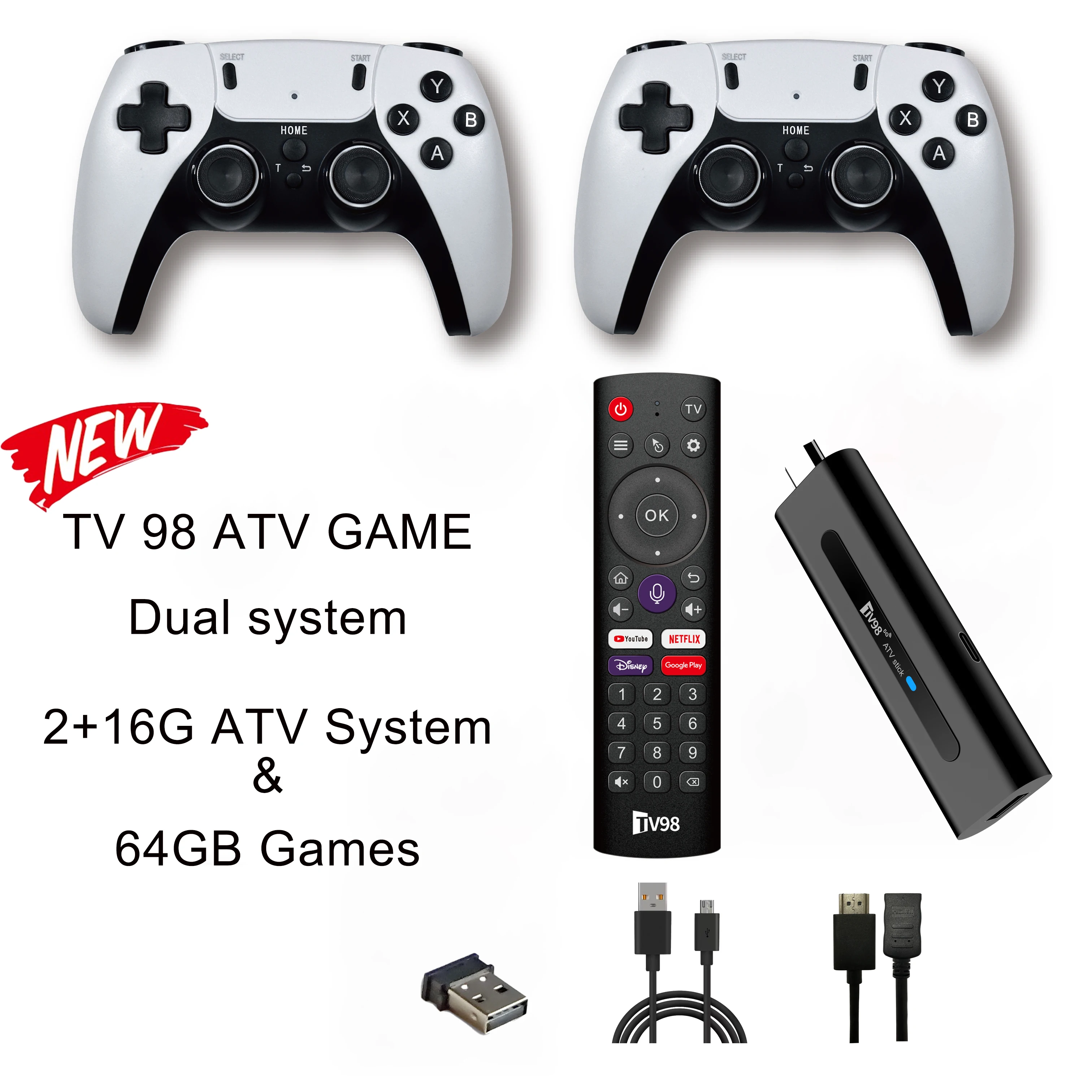 TV98 ATV Game Stick Smart Android14 H313 1080P TV & Game 2 in 1 System 2.4/5G WiFi TV Box for Google YouTube Netflix Media Player