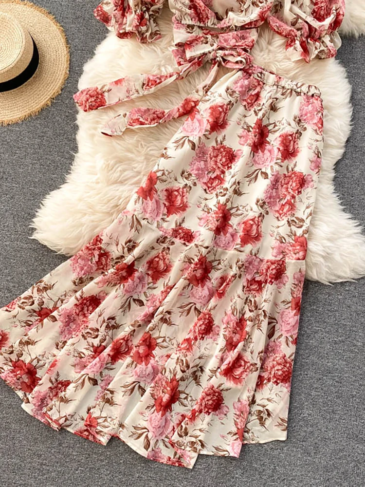 Holiday Style Floral Print Lace-up Shirts And Pleated Fish Tail Long Skirt Set Bohemian Chiffon Two Piece Set For Women Outfits