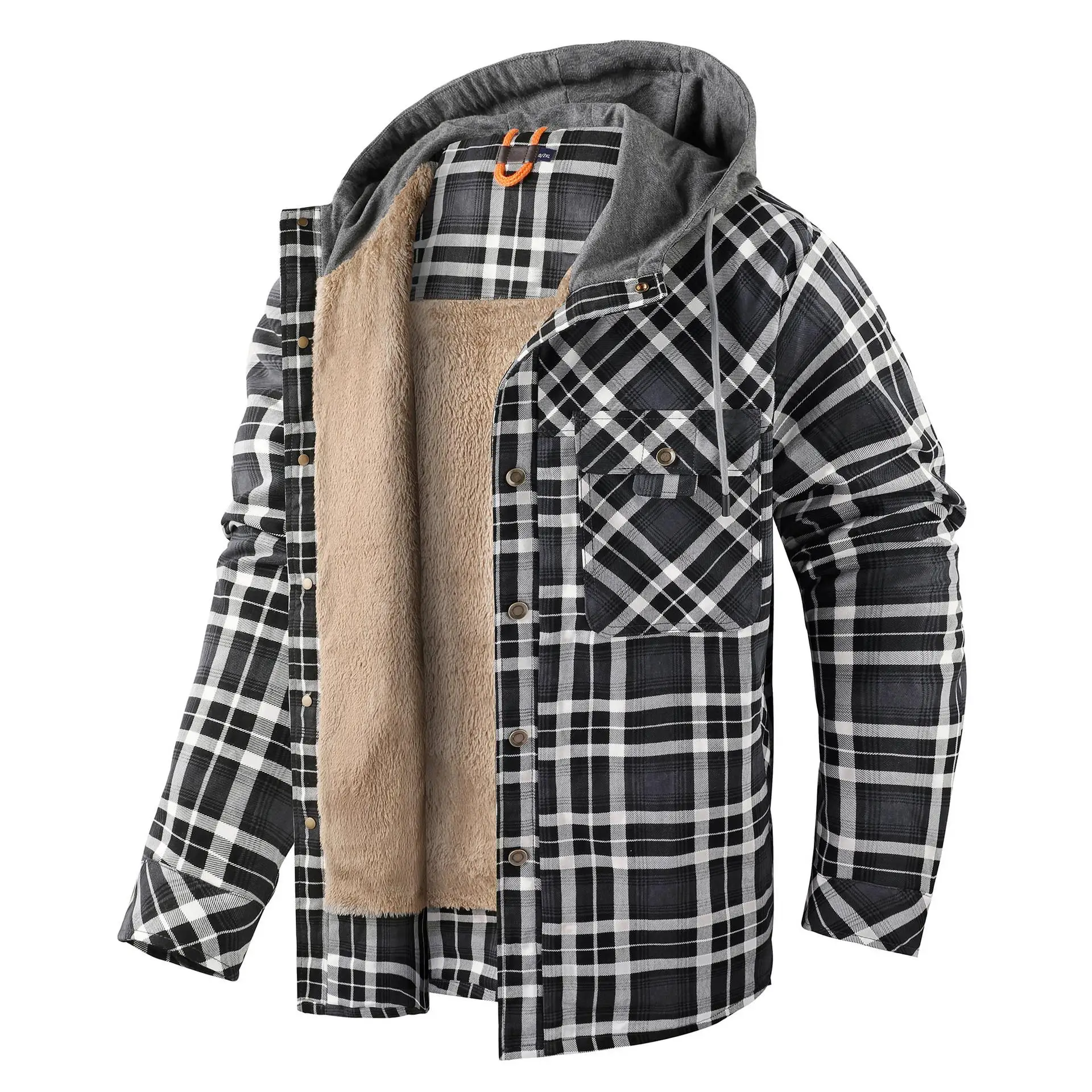 

Men's plus Size Long Sve Thiened Hooded Plaid irt Cotton Flannel Print Splicing Winter Warm Casual Button-Up Coat