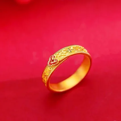 AU999 gold ring female enamel auspicious pattern jewelry 24K pure gold couple ring fashion retro style ring versatile jewelry