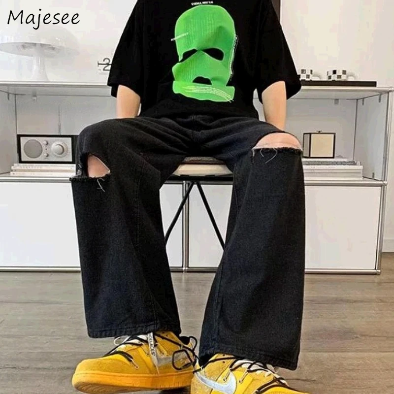 

Jeans Men Hole Denim Summer Breathable High Street Chic Fashion Wide Leg Trouser S-3XL Thin Loose All-match Leisure Daily Teens
