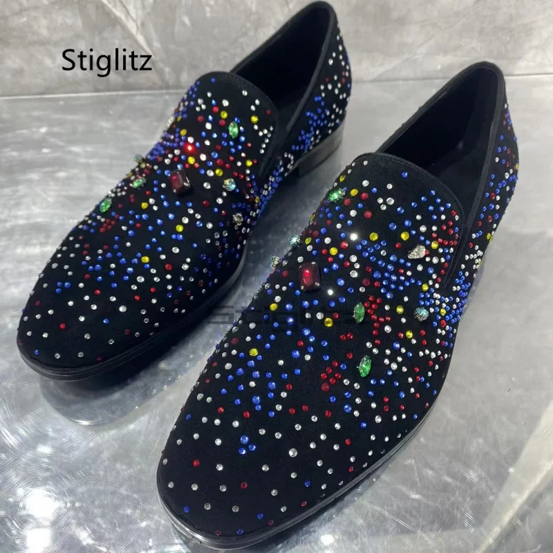 

Luxury Rhinestone Loafers Men's Suede Leather Flats Shoes Round Toe Diamond Dress Party Wedding Shoes Casual Shoes for Men